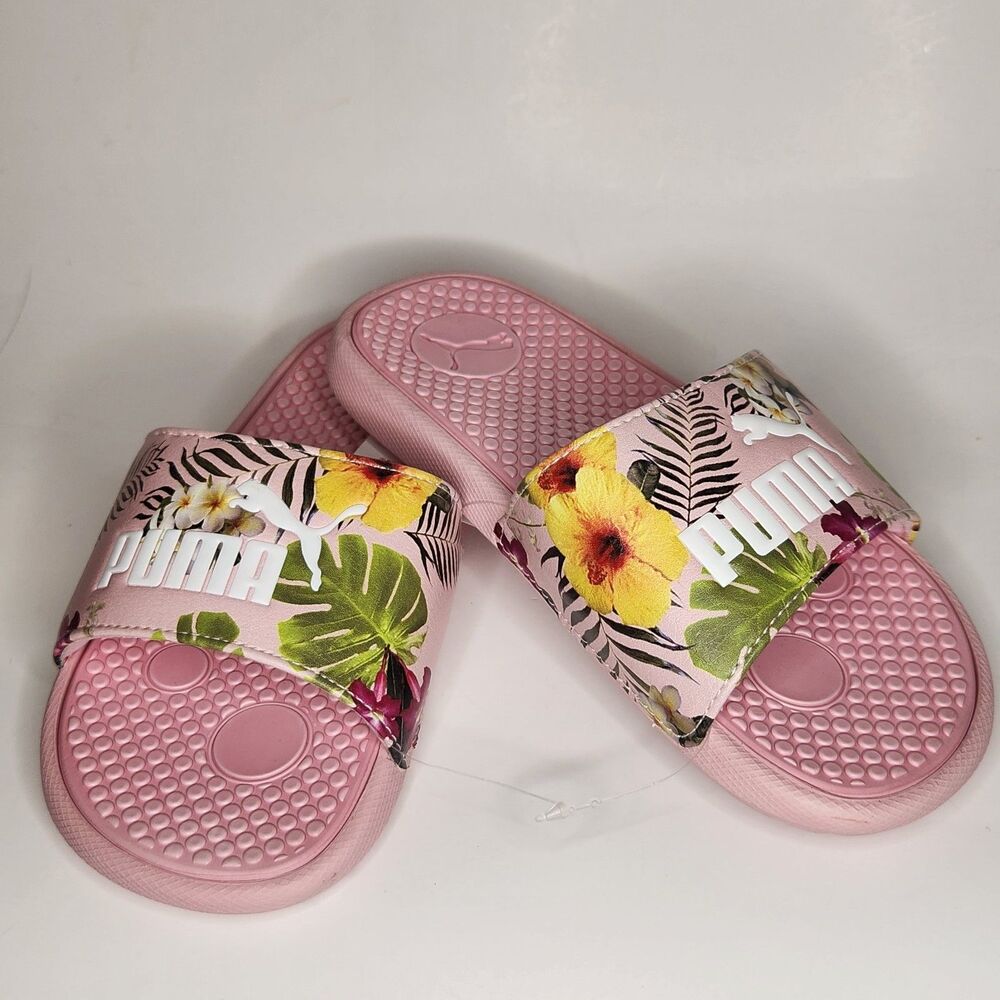 Puma Cool Cat Junior Girls Slide Flip Flop Tropical Floral White Puma Logo 1 Kid